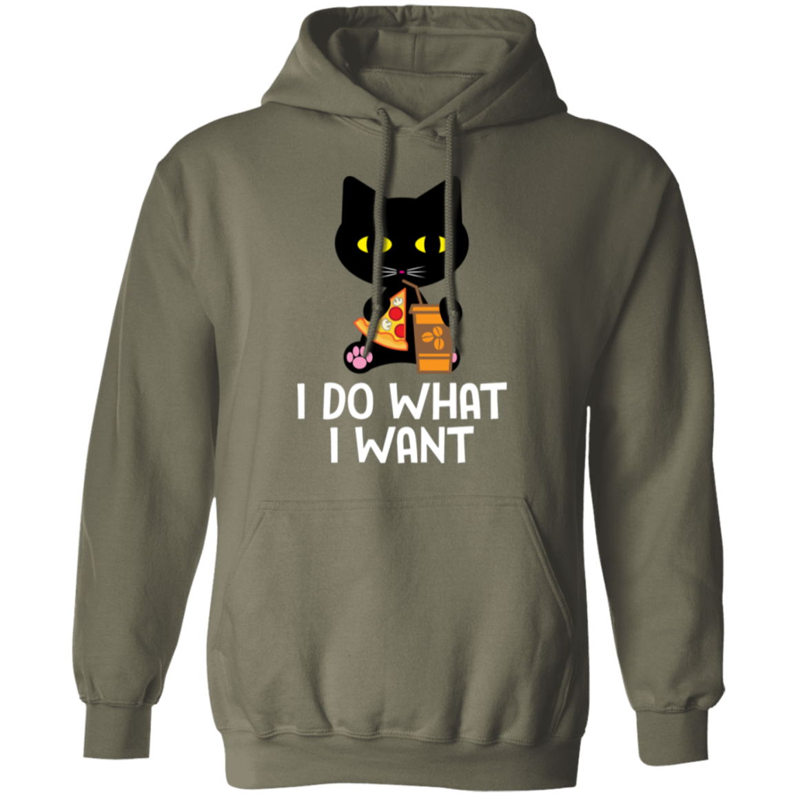 "I Do What I Want" Black Cat Pizza & Coffee Hoodie – Cozy Comfort for Cat Lovers, Cat Owners & Cat Ladies!