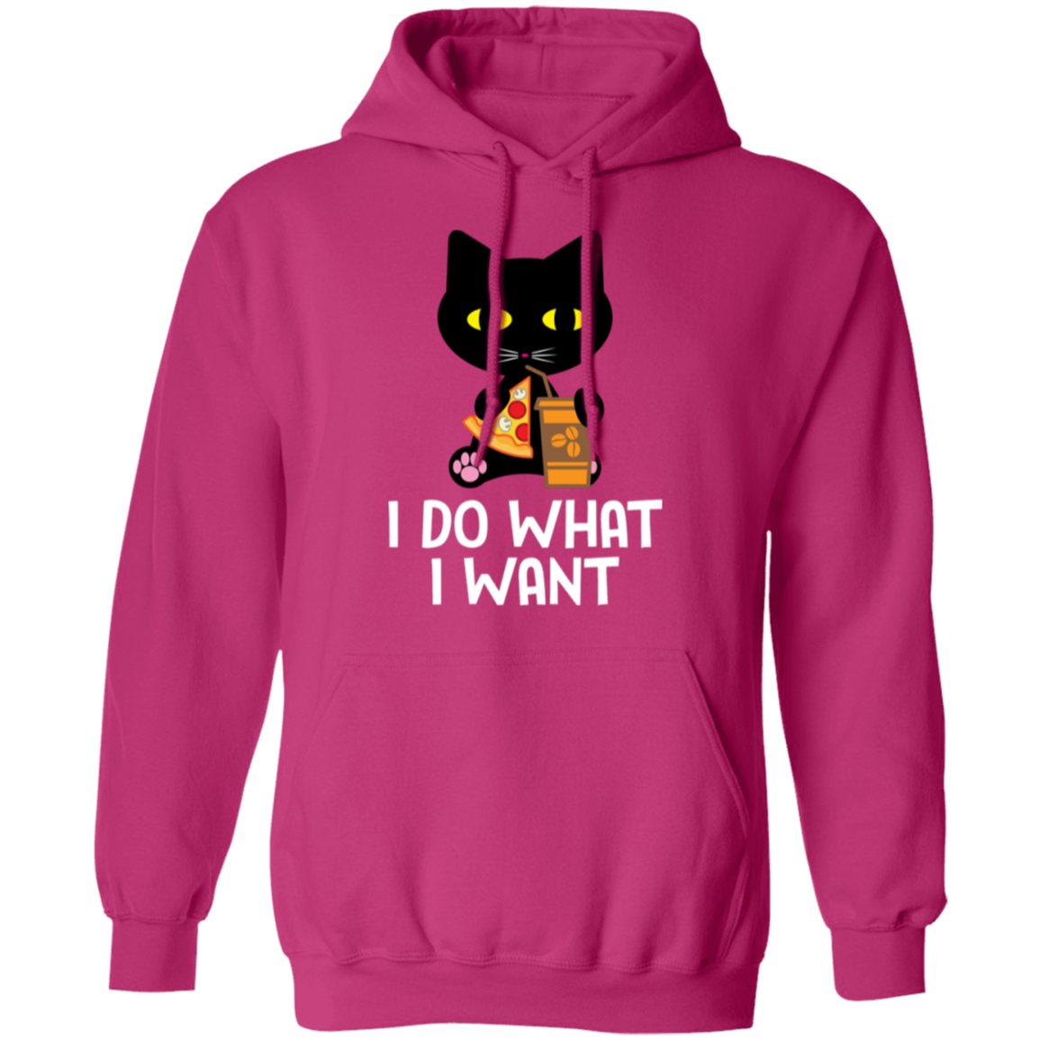 "I Do What I Want" Black Cat Pizza & Coffee Hoodie – Cozy Comfort for Cat Lovers, Cat Owners & Cat Ladies!