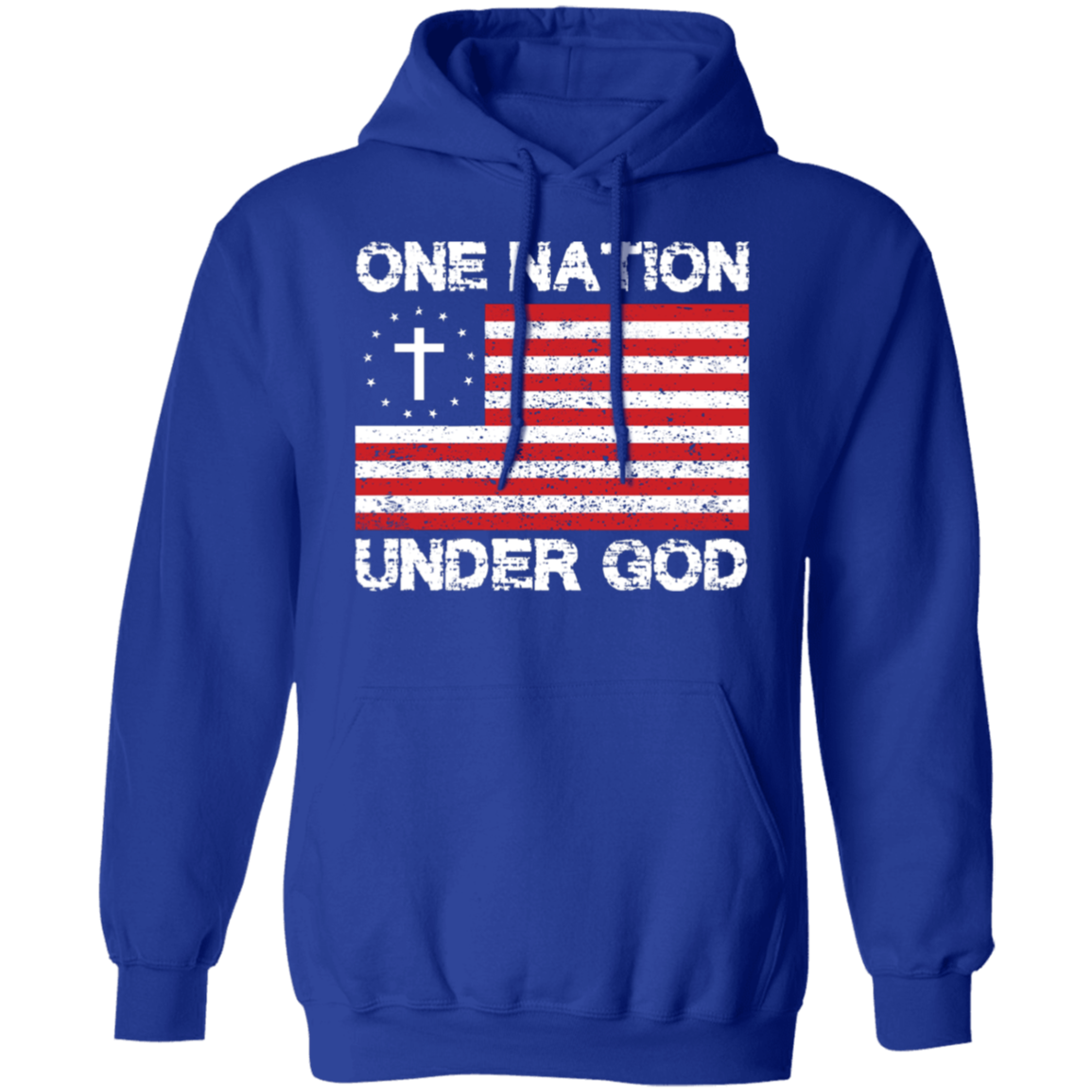 "One Nation Under God" Patriotic Christian Pullover Hoodie – American Flag with Cross and Stars