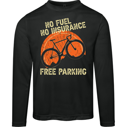 "Bicycling Benefits" Long-Sleeved Tee: No Fuel, No Insurance, Free Parking - Great Gift for Cycling Enthusiasts!