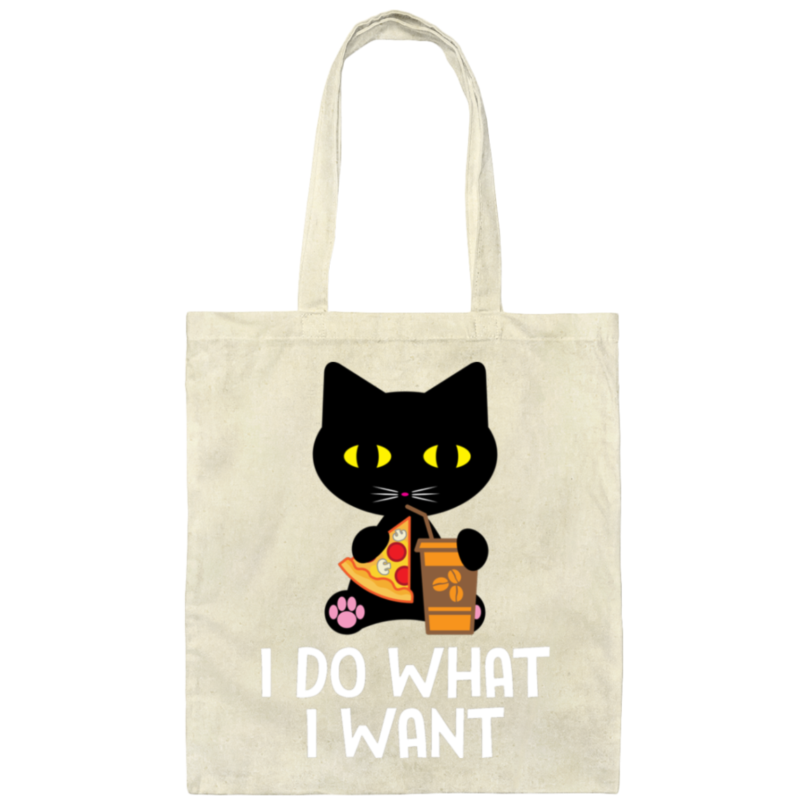 "I Do What I Want" Black Cat Pizza & Coffee Tote Bag – Stylish & Practical for Cat Lovers, Cat Owners & Cat Ladies!